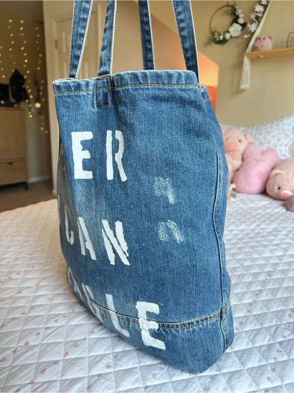 American Eagle White Painted Logo Distressed Denim Tote Bag Jean Pocket - Picture 3 of 7